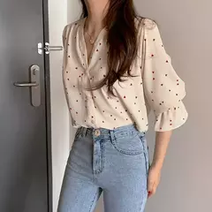 Camisa estampada amor com manga pétala, blusa com decote em v, manga comprida, moda doce, primavera e outono - Wolf Magazine