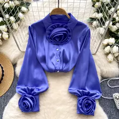 Elegante cetim tridimensional flor manga longa lapela blusa chique vintage moda colheita topo feminino camisas de outono roupas na internet