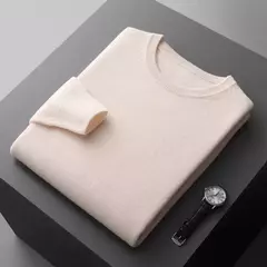 Pulôver masculino de malha com mangas compridas, suéter 100% lã merino, top casual básico de cor sólida, moda