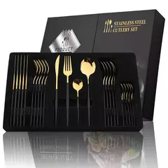 Aço inoxidável Golden Talheres Set, Faca, Garfo, Colher, Talheres, Talheres, Festival Cozinha, Louça, Presente, Punho Preto, 24pcs