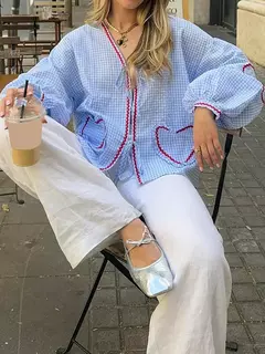 Camisas femininas com gola V, bordado de coração, xadrez, nó frontal, blusa de gravata, primavera, verão, tops casuais, moda, Y2K - Wolf Magazine
