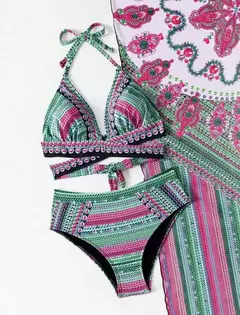 Conjunto de maiô biquíni vintage de três peças, malha Cover Ups, Cross Front Halter, azul, verde, vermelho, cintura alta Beachwear na internet