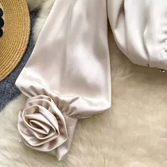 Elegante cetim tridimensional flor manga longa lapela blusa chique vintage moda colheita topo feminino camisas de outono roupas - Wolf Magazine