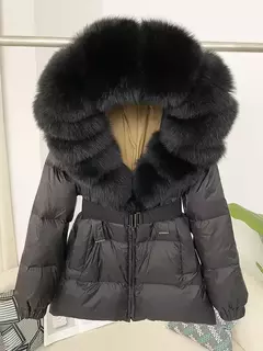 Oftbuy 2024 jaqueta de inverno feminina gola de pele de raposa natural real com capuz grosso quente 90% pato branco para baixo casaco feminino streetwear casual na internet