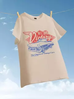 Imagem do Camisetas de algodão de manga curta com decote em o feminino, charme de carros antigos, estampa vitoriosa, tops soltos, roupas de rua femininas, verão