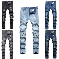 Imagem do Jeans slim-fit rasgado e desbotado masculino, calça casual vintage na moda, estilo europeu e americano, S-XXXL, novo, 2024