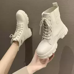 Imagem do Botas de combate com cordões em couro PU para mulheres, bota branca, sola grossa, sapatos de plataforma, borracha, vaqueiro, fêmea, outono, inverno, novo