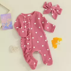 Pudcoco-macacão de bebê menina com estampa de coração, manga comprida para os pés, com zíper e bandana de 0 a 6 anos na internet