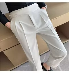 Estilo britânico dos homens de cintura alta vestido casual calça masculina cinto design calças finas formal escritório social vestido de festa de casamento terno calças - loja online