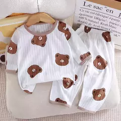 Conjunto de roupas domésticas de algodão puro para crianças, pijama fino para meninos e meninas, roupas com ar condicionado, manga três quartos, 2024, novo