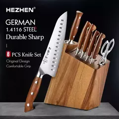 HEZHEN-Aço e Madeira Red Handle Kitchen Knife Set, Tesoura Titular, Nitidez Rod, Acessórios, 1.4116 Aço, 8 PCs - comprar online