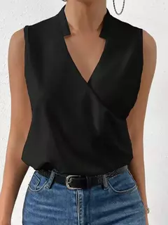 Camisa Feminina Elegante Monocromática Casual, Primavera, Verão, Senhora do Escritório, Sem Mangas, Blusa com Decote V, Top Clothing Feminina, S-3XL - loja online