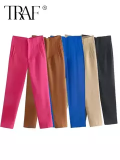 TRAF-Calças lápis cintura alta com costura para mulheres, calças no tornozelo, moda escritório, streetwear outono, 2023