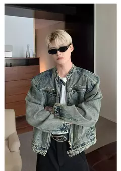 Jaqueta jeans de rua masculina, vintage lavada, jaqueta de caubói angustiada, streetwear casual, primavera, novo, estilo americano, zíperes - loja online