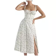 Imagem do Vestido de verão estampado floral, Laço frontal feminino, Gola quadrada, Vestido de coxa dividido, Cinta de praia, Vestido de noite, Novo