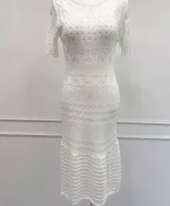 Vestido de malha de manga curta feminino, seda gelada, branco, oco Fashion, Celebridade Linha A, Verão, Novo, 2024 - Wolf Magazine