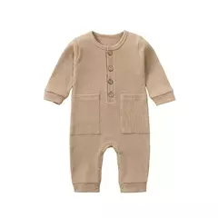 Primavera outono bebê recém-nascido macacão de algodão sólido macio infantil macacão com bolso menina menino manga longa bebe pijamas wodden botões - comprar online
