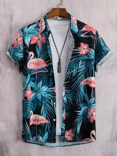 Camisa havaiana estampada geométrica masculina, blusa de praia de peito único, tops de manga curta, roupa de feriado masculina, moda flor, 2023 - comprar online