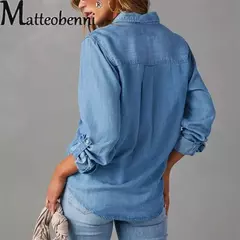 Camisa jeans fina de peito único feminina, bolso de emenda, manga longa, tops de lapela, confortável, blusa casual para mulheres, outono - Wolf Magazine
