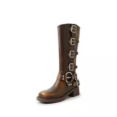 Botas de combate de plataforma para mulheres, salto Zip Chuny, fivela, moda vintage, casual, designer de luxo, Western Mid Calf Shoes - Wolf Magazine