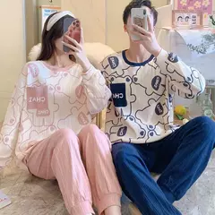 Conjunto pijama coreano de algodão masculino e feminino, pijama casual loungewear, roupa de casa outono
