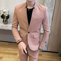New (Blazer+ Pants) Men's Fashion Business Korean Version of Gentleman Zhongshan Stand Collar Casual British Style 2-piece Set na internet