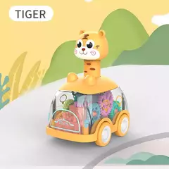 Press Gear Car Toy para crianças, puxar, puzzle inercial, animais, menino