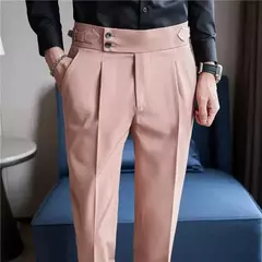 Estilo britânico dos homens de cintura alta vestido casual calça masculina cinto design calças finas formal escritório social vestido de festa de casamento terno calças - Wolf Magazine