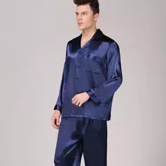 Conjunto de pijama de seda fino masculino, manga comprida e calça curta, pijama, calça para dormir