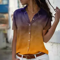 Gradiente feminino estampa 3D elegante blusas, camisa de verão, tops da moda, camisas de manga curta, botão plus size, roupas femininas