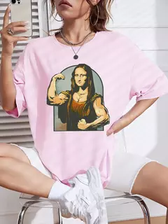 Camiseta de algodão de manga curta feminina, estampa fitness, extragrande, casual, solta, jogando jogadores na Mona Lisa - comprar online