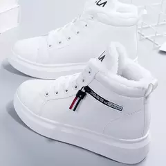 Botas de pelúcia quente PU para mulheres, sapatos de inverno, apartamentos, rendas, botas de neve curtas, senhoras, 2022