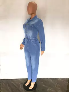 Imagem do Macacão jeans de peito único feminino, macacão monocromático, macacão lavando bolsos, botão de rua alto, comprimento do tornozelo