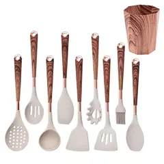 Lmetjma-Conjunto De Utensílio De Cozinha De Silicone, Utensílio De Cozinha Com Suporte De Utensílios, Alças De Padrão De Madeira, Panelas Antiaderentes, JT264, 10 Pcs