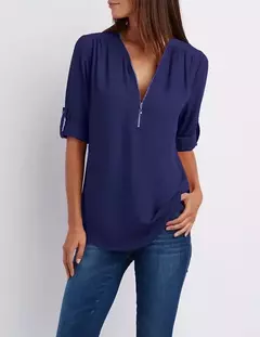 Blusa feminina profunda com gola V, tops femininos, pulôver sexy com zíper, moda casual, camisa solta legal, plus size, venda quente, 2024 na internet