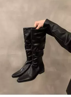 Botas altas para o joelho feminino, sapatos femininos, dobras deslizantes, salto baixo, dedo do pé redondo, plano, longo, moda, outono, inverno