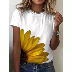 Camiseta explosiva estampada em girassol 3D para mulheres, gola redonda, fosca, flor, moda, novo produto, 2024