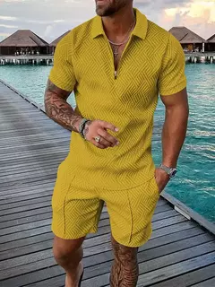 Conjunto de camisa polo e shorts monocromático impresso em 3D masculino, agasalho com zíper, camiseta extragrande, ternos, roupas, moda verão, 2 peças - loja online