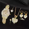 Mulheres Relógio de pulso strass e conjunto de joias, Relógio Quartzo, Dourado, Luxo, Anel, Colar, Brinco, Casual, senhoras, Fashion