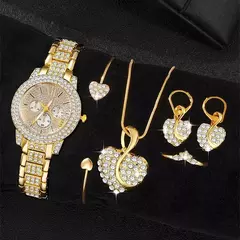 Mulheres Relógio de pulso strass e conjunto de joias, Relógio Quartzo, Dourado, Luxo, Anel, Colar, Brinco, Casual, senhoras, Fashion
