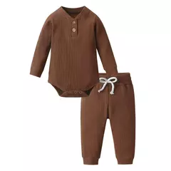 Conjunto de roupas para bebê recém-nascido menino e menina, feito de algodão, com nervuras, manga longa, bodysuit e calça, cor sólida - comprar online