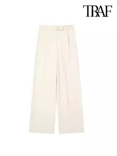TRAF-Calça de perna larga feminina com bolsos frontais, vintage, cintura alta, mosca com zíper, calça feminina, moda - Wolf Magazine