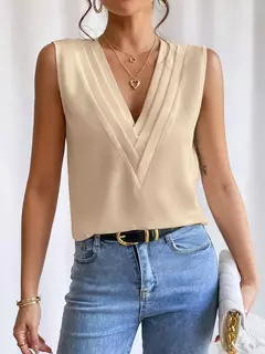 Moda feminina verão novo multi-nível com decote em v cor sólida regata camisa elegante feminino branco sem mangas blusa casual na internet