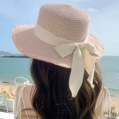 Chapéu de palha com laço feminino, aba larga, top macio, proteção solar, acessórios de praia, verão - loja online