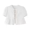 TRAF-Blusa de manga folhada folhada para mulheres, top branco, preto, ruched, laço amarrado, verão, tops bonitos, fêmea, 2021