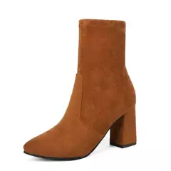 Botas curtas de salto grosso para mulheres, botas emagrecedoras, dedo apontado, moda feminina, estilo clássico, outono, inverno, D64 - comprar online