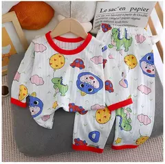 Pijama de algodão puro para meninos e meninas, camiseta fina de manga comprida, tops e calças lindos desenhos animados, conjuntos de roupas infantis, verão, novo, 2022 - Wolf Magazine