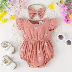 Macacão e cabeça de arco estampados em flores, confortável, fofo, multicolorido, bebê menina, moda verão, 0-2 anos de idade, 2 peças