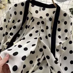 Vintage de bolinhas manga comprida plissado crop top feminino, t-shirt fina chique, camisa sexy casual fina, streetwear Harajuku, moda primavera na internet