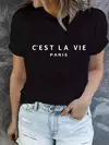 T-shirt de manga curta para mulher, t-shirt casual com gola redonda, estampado paris, roupa de primavera e verão